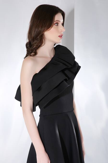 Buy Ozeqo Black Neoprene One Shoulder Gaia Dress And Ruffle Overlay Set Buy_Ozeqo_Black Neoprene One Shoulder Gaia Dress And Ruffle Overlay Set