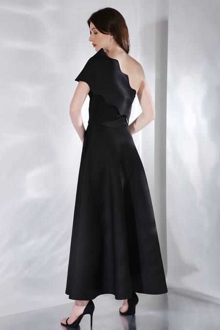 Shop Ozeqo Black Neoprene Asymmetric Gaia Flared Dress And Wrap Set at Aza Fashions Shop_Ozeqo_Black Neoprene Asymmetric Gaia Flared Dress And Wrap Set _at_Aza_Fashions