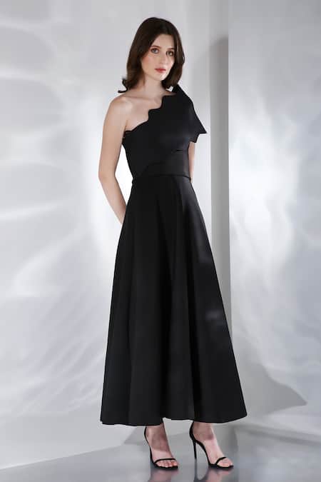 Ozeqo Black Neoprene Asymmetric Gaia Flared Dress And Wrap Set Online at Aza Fashions Ozeqo_Black Neoprene Asymmetric Gaia Flared Dress And Wrap Set _Online_at_Aza_Fashions