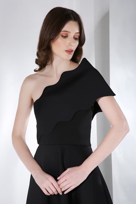 Buy Ozeqo Black Neoprene Asymmetric Gaia Flared Dress And Wrap Set Online at Aza Fashions Buy_Ozeqo_Black Neoprene Asymmetric Gaia Flared Dress And Wrap Set _Online_at_Aza_Fashions