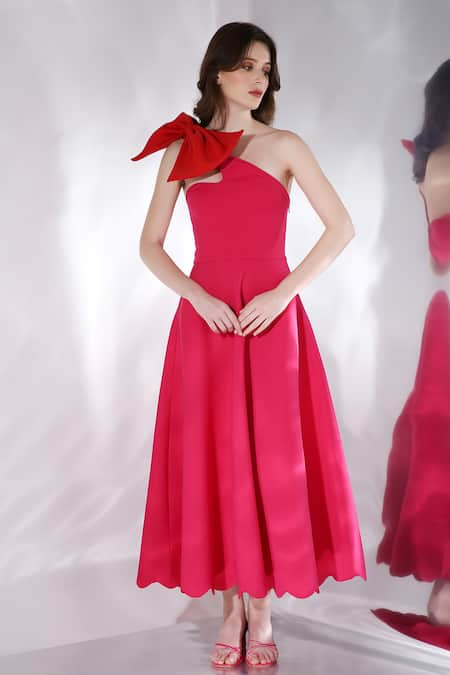 Ozeqo Pink Neoprene Plain Asymmetric Glady Scalloped Flared Dress With Bow  