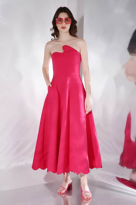 Ozeqo Pink Neoprene Cut Work Asymmetric Glady Scalloped Flared Dress 