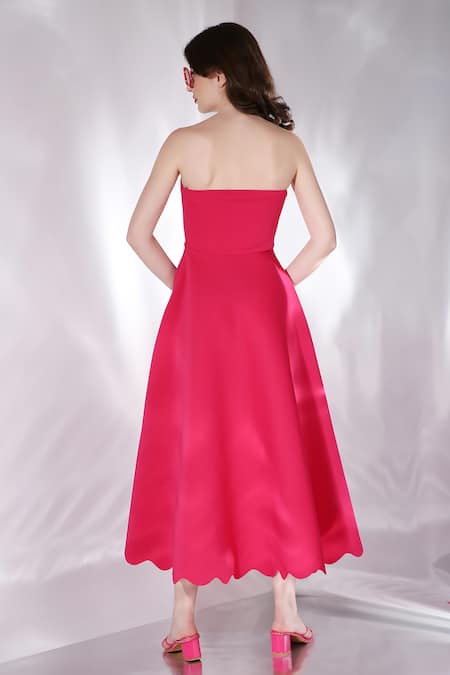 Shop_Ozeqo_Pink Neoprene Cut Work Asymmetric Glady Flared Dress And Overlay Set _at_Aza_Fashions