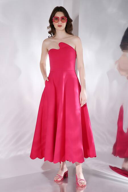Ozeqo_Pink Neoprene Cut Work Asymmetric Glady Flared Dress And Overlay Set _Online_at_Aza_Fashions