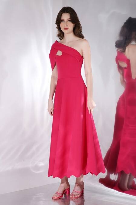 Ozeqo_Pink Neoprene Cut Work Asymmetric Glady Flared Dress And Overlay Set _at_Aza_Fashions