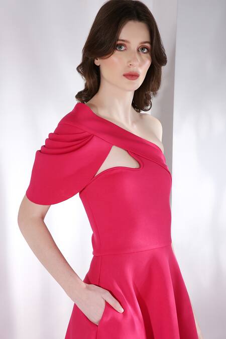 Buy_Ozeqo_Pink Neoprene Cut Work Asymmetric Glady Flared Dress And Overlay Set 
