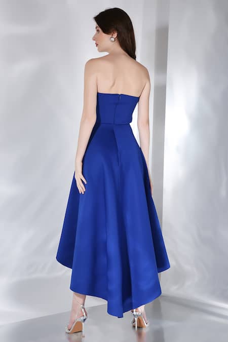 Shop_Ozeqo_Blue Neoprene Crew Neck Imperial High-low Tube Dress _at_Aza_Fashions