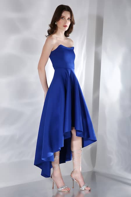 Buy_Ozeqo_Blue Neoprene Crew Neck Imperial High-low Tube Dress _Online_at_Aza_Fashions