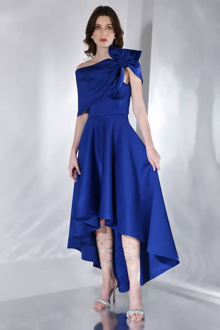 Ozeqo Blue Neoprene Plain Dress Curved Neck Imperial High-low And Overlay 