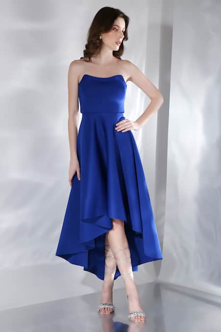 Ozeqo Blue Neoprene Bows Round Neck Imperial High-low And Overlay Online at Aza Fashions Ozeqo_Blue Neoprene Bows Round Neck Imperial High-low And Overlay _Online_at_Aza_Fashions