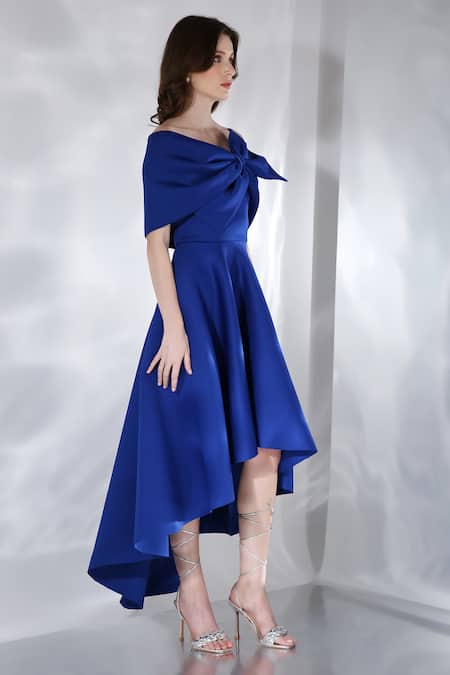 Shop Ozeqo Blue Neoprene Bows Round Neck Imperial High-low And Overlay Online at Aza Fashions Shop_Ozeqo_Blue Neoprene Bows Round Neck Imperial High-low And Overlay _Online_at_Aza_Fashions