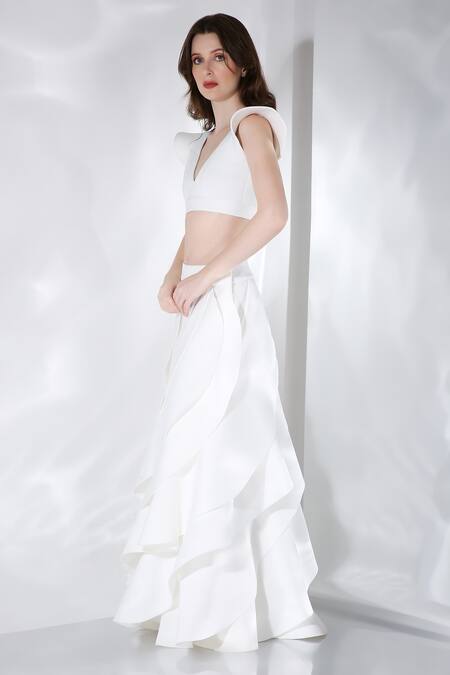 Ozeqo_Off White Neoprene Plain V Neck Lira Ruffle Layered Skirt Set  _Online_at_Aza_Fashions