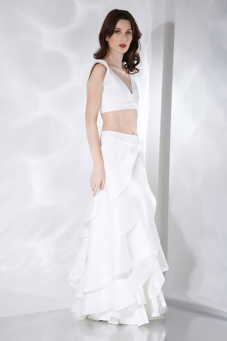 Buy_Ozeqo_Off White Neoprene Plain V Neck Lira Ruffle Layered Skirt Set  _Online_at_Aza_Fashions