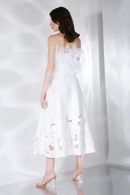 Shop Ozeqo Off White Neoprene Hand Embroidered Feather Lyre Dress And Wrap Set at Aza Fashions Shop_Ozeqo_Off White Neoprene Hand Embroidered Feather Lyre Dress And Wrap Set _at_Aza_Fashions