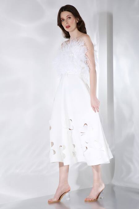 Ozeqo Off White Neoprene Hand Embroidered Feather Lyre Dress And Wrap Set Online at Aza Fashions Ozeqo_Off White Neoprene Hand Embroidered Feather Lyre Dress And Wrap Set _Online_at_Aza_Fashions
