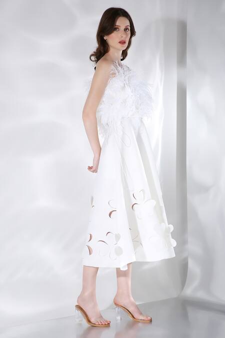 Buy Ozeqo Off White Neoprene Hand Embroidered Feather Lyre Dress And Wrap Set Online at Aza Fashions Buy_Ozeqo_Off White Neoprene Hand Embroidered Feather Lyre Dress And Wrap Set _Online_at_Aza_Fashions