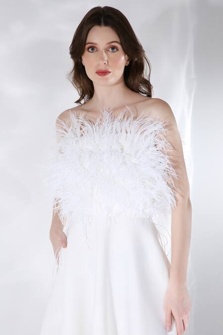 Shop Ozeqo Off White Neoprene Hand Embroidered Feather Lyre Dress And Wrap Set Online at Aza Fashions Shop_Ozeqo_Off White Neoprene Hand Embroidered Feather Lyre Dress And Wrap Set _Online_at_Aza_Fashions