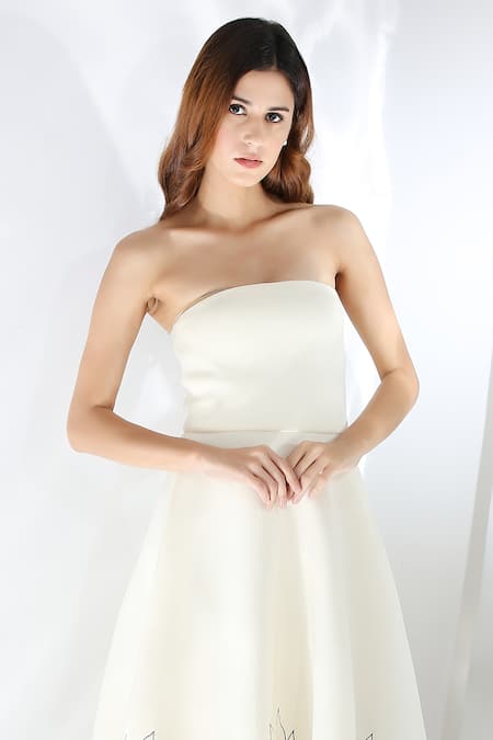 Shop Ozeqo Off White Neoprene Embroidery Off-shoulder Miranda Lotus Thread Dress at Aza Fashions Shop_Ozeqo_Off White Neoprene Embroidery Off-shoulder Miranda Lotus Thread Dress _at_Aza_Fashions