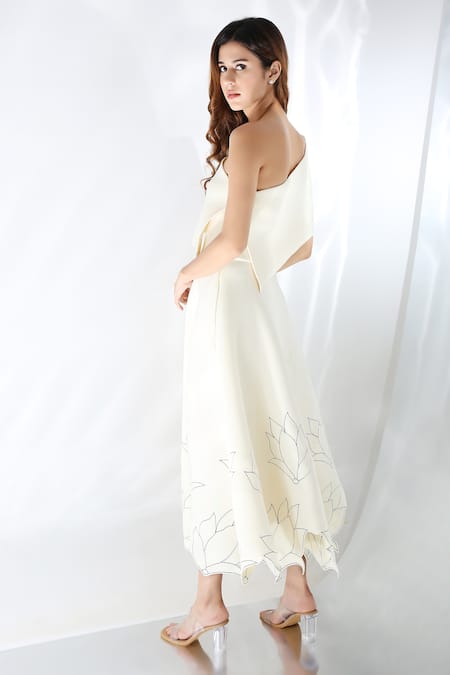 Shop Ozeqo Off White Neoprene Embroidery Off-shoulder Miranda Lotus Dress With Overlay at Aza Fashions Shop_Ozeqo_Off White Neoprene Embroidery Off-shoulder Miranda Lotus Dress With Overlay _at_Aza_Fashions