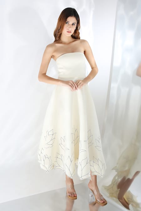 Ozeqo Off White Neoprene Embroidery Off-shoulder Miranda Lotus Dress With Overlay Online at Aza Fashions Ozeqo_Off White Neoprene Embroidery Off-shoulder Miranda Lotus Dress With Overlay _Online_at_Aza_Fashions