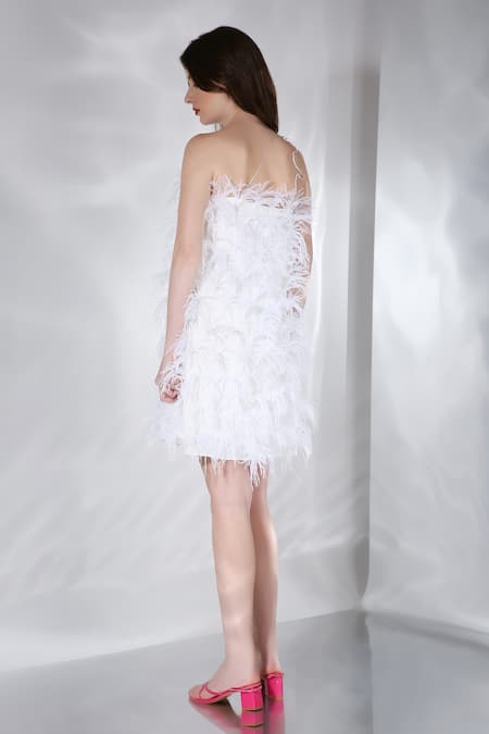 Shop_Ozeqo_White Micro Hand Embroidered Feather Work One Shoulder Plume Dress  _at_Aza_Fashions