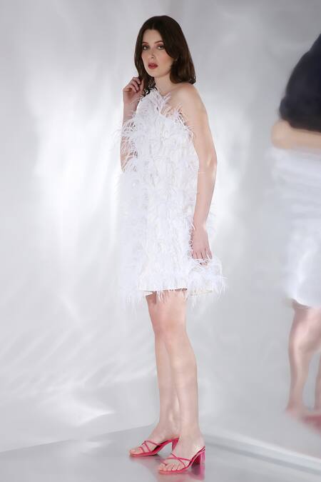Ozeqo_White Micro Hand Embroidered Feather Work One Shoulder Plume Dress  _Online_at_Aza_Fashions