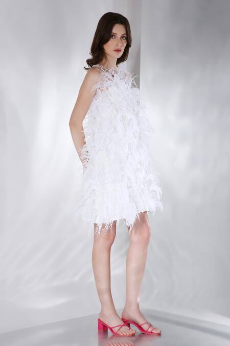 Buy_Ozeqo_White Micro Hand Embroidered Feather Work One Shoulder Plume Dress  _Online_at_Aza_Fashions