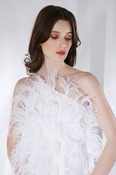 Shop_Ozeqo_White Micro Hand Embroidered Feather Work One Shoulder Plume Dress  _Online_at_Aza_Fashions