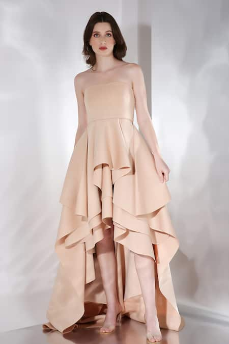 Ozeqo Beige Neoprene Plain Straight Sandra High-low Layered Dress  