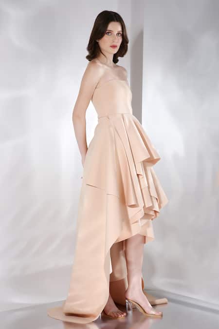Ozeqo_Beige Neoprene Off-shoulder Sandra High-low Layered Dress _Online_at_Aza_Fashions