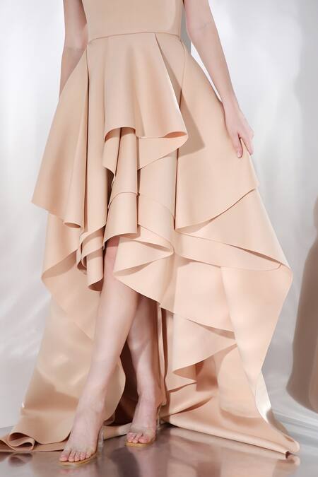 Buy_Ozeqo_Beige Neoprene Off-shoulder Sandra High-low Layered Dress _Online_at_Aza_Fashions