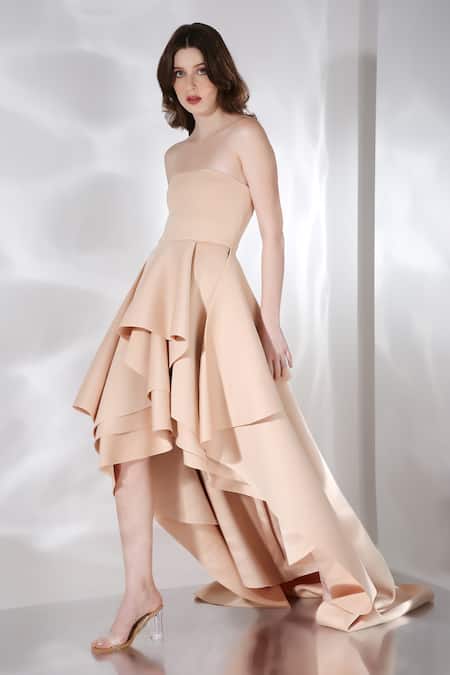 Shop_Ozeqo_Beige Neoprene Off-shoulder Sandra High-low Layered Dress _Online_at_Aza_Fashions