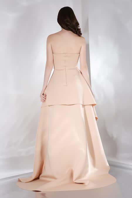 Shop Ozeqo Beige Neoprene One Shoulder, Sandra High-low Layered Dress With Overlay at Aza Fashions Shop_Ozeqo_Beige Neoprene One Shoulder, Sandra High-low Layered Dress With Overlay _at_Aza_Fashions