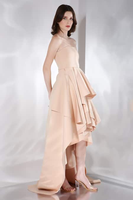 Buy Ozeqo Beige Neoprene One Shoulder, Sandra High-low Layered Dress With Overlay Online at Aza Fashions Buy_Ozeqo_Beige Neoprene One Shoulder, Sandra High-low Layered Dress With Overlay _Online_at_Aza_Fashions