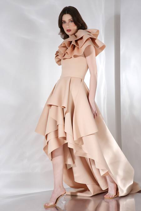 Ozeqo Beige Neoprene One Shoulder, Sandra High-low Layered Dress With Overlay at Aza Fashions Ozeqo_Beige Neoprene One Shoulder, Sandra High-low Layered Dress With Overlay _at_Aza_Fashions