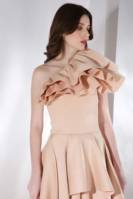 Buy Ozeqo Beige Neoprene One Shoulder, Sandra High-low Layered Dress With Overlay Buy_Ozeqo_Beige Neoprene One Shoulder, Sandra High-low Layered Dress With Overlay