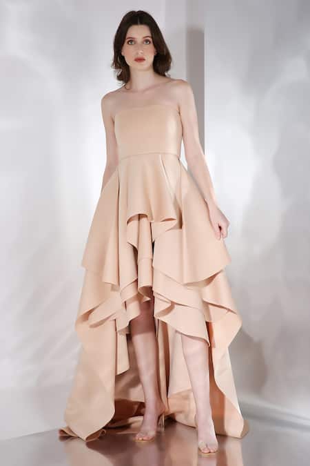Ozeqo_Beige Neoprene Off-shoulder Sandra High-low Layered Dress With Wrap _Online_at_Aza_Fashions