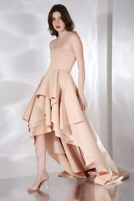 Shop_Ozeqo_Beige Neoprene Off-shoulder Sandra High-low Layered Dress With Wrap _Online_at_Aza_Fashions
