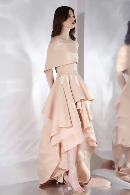 Buy_Ozeqo_Beige Neoprene Off-shoulder Sandra High-low Layered Dress With Wrap 