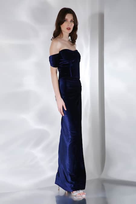 Ozeqo Blue Velvet Off-shoulder Thea High Slit Gown Online at Aza Fashions Ozeqo_Blue Velvet Off-shoulder Thea High Slit Gown _Online_at_Aza_Fashions