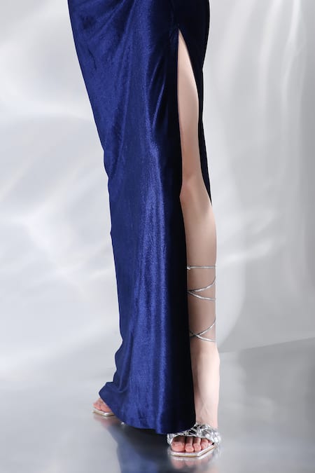 Ozeqo Blue Velvet Off-shoulder Thea High Slit Gown at Aza Fashions Ozeqo_Blue Velvet Off-shoulder Thea High Slit Gown _at_Aza_Fashions
