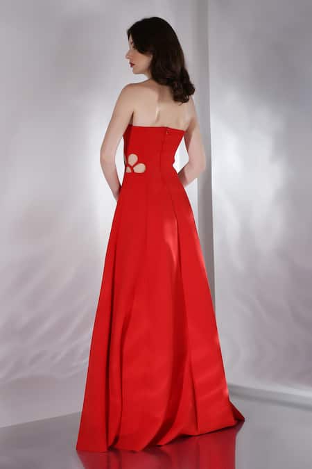 Shop_Ozeqo_Red Neoprene Cut Work Off-shoulder Zinnia Floral Gown _at_Aza_Fashions