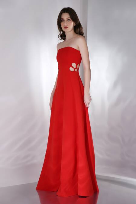 Ozeqo_Red Neoprene Cut Work Off-shoulder Zinnia Floral Gown _Online_at_Aza_Fashions