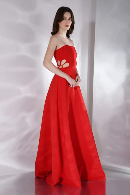 Buy_Ozeqo_Red Neoprene Cut Work Off-shoulder Zinnia Floral Gown _Online_at_Aza_Fashions