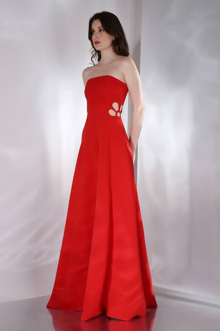 Shop_Ozeqo_Red Neoprene Cut Work Off-shoulder Zinnia Floral Gown _Online_at_Aza_Fashions