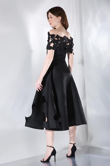 Shop_Ozeqo_Black Neoprene Off-shoulder Ace Cutwork Hem Dress With Embroidered Wrap _at_Aza_Fashions