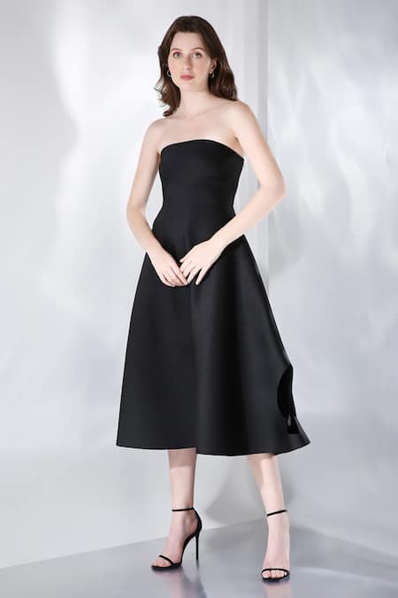 Ozeqo_Black Neoprene Off-shoulder Ace Cutwork Hem Dress With Embroidered Wrap _Online_at_Aza_Fashions