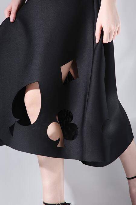 Ozeqo_Black Neoprene Off-shoulder Ace Cutwork Hem Dress With Embroidered Wrap _at_Aza_Fashions