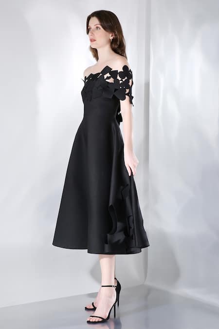 Shop_Ozeqo_Black Neoprene Off-shoulder Ace Cutwork Hem Dress With Embroidered Wrap 