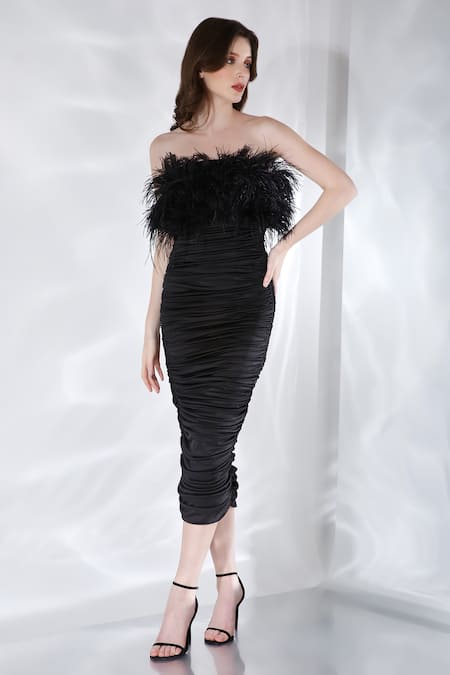 Ozeqo Alaya Ruched Dress With Embroidered Feather Wrap 